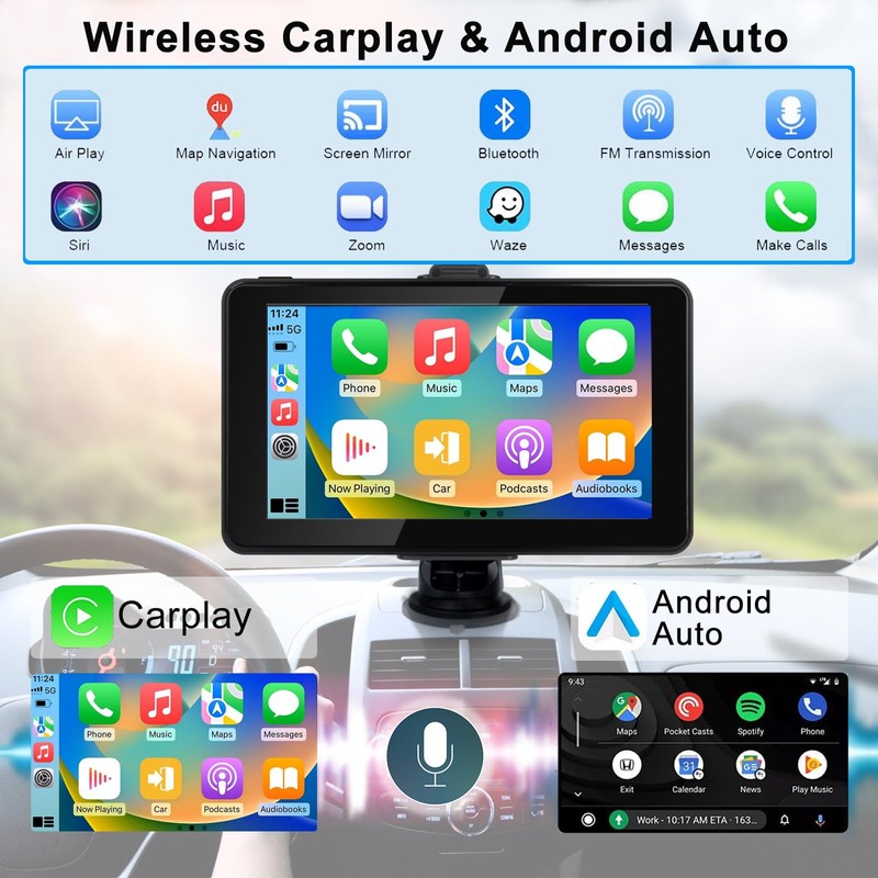 7" HD Apple CarPlay & Android Auto Screen for Car