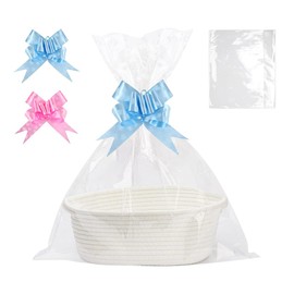 JOAASU Empty Gift Basket, Braided Basket for Gifts with 2 Transparent Gift Bags and 2 Gift Bows, Empty Gift Basket for Baby Shower, Birthday, Wedding, Thanksgiving, Christmas (White)