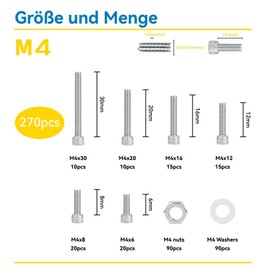 WZHUIDA 270 Pieces M4 Hex Socket Screws and Nuts and Washers Assortment Set, 304 Stainless Steel Hexagon Head Hex Screws, Machine Screws and Nuts and Washers