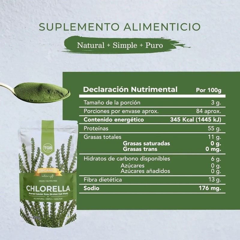 Chlorella Orgánica Pura De Pared Celular Rota 250 Gramos