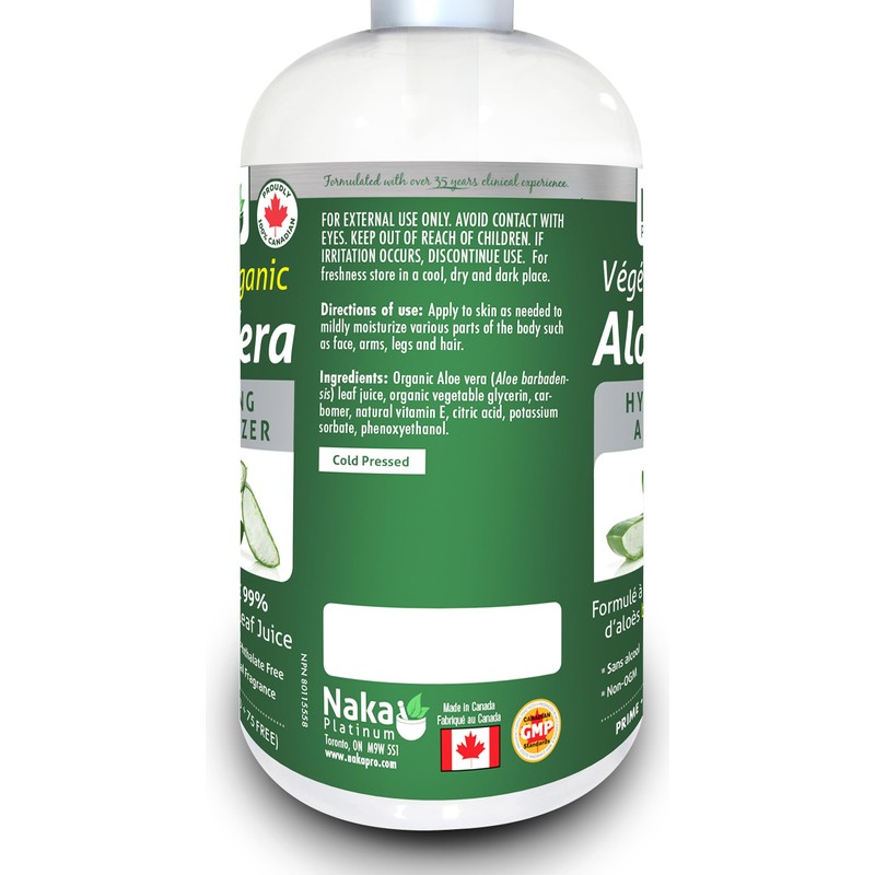 475ml (16oz) ORGANIC Aloe Vera, Vegan + Soothing Moisturizer, 99%