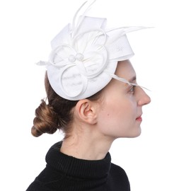 Coolwife Womens Fascinators Beaded Fake Sinamay Hat Feather Pillbox Derby Tea Party Church Hat (A White)