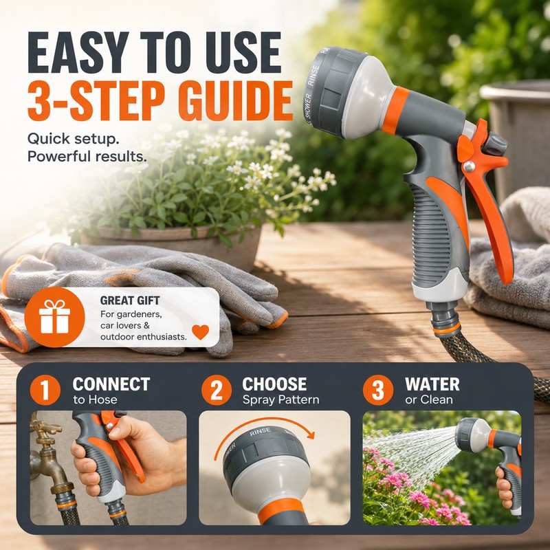 8-Pattern Garden Hose Nozzle for Watering – Adjustable Spray Gun
