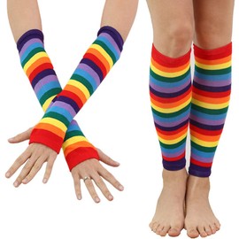 WOWOWO Women Girls Rainbow Striped Long Sleeve Sun Protection Arm Sleeves Fingerless Mittens Gloves Slim Thigh High Leg Warmer Cotton