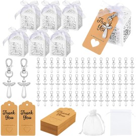 Juego de 48 Piezas de Regalo de Bautismo para Angel incluyen 48 Cajas de Recuerdo，48 Llaveros de Ángel para Alas，48 Bolsa de Regalo de Organza，48 Etiqueta de Agradecimiento，para Bautismo