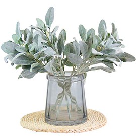 Tinsow Artificial Flocked Lambs Ear Leaves Dusty Miller Stems Flocked Oak Leaves Lamb's Ear Leaf for Home Wedding DIY Floral Arrangement (Silver Lamb's Ear, 5)