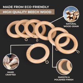 INANOSA 24 Pcs Handcrafted Natural Beech Wood Curtain Rings with Hooks – 3" Outer, 2.2" Inner Diameter – Smooth Wooden Drapery Rings for Rod with Metal Hooks