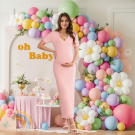 LAHILO Stretchy Ribbed Maternity Maxi Dress - V-Neck Short Sleeve Pregnancy Bodycon Dress for Photoshoot, Baby Shower Pink