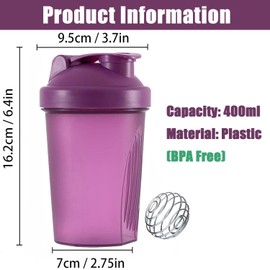 Protein Shaker Bottle, 400ml Shaker Bottle with Stainless Steel Mixing Ball, Milkshake Cups, Water Bottle, Gym Shaker Bottle for Fitness Sports and Travel, BPA Free, Leakproof, Dishwasher Safe, Purple