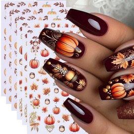 Fall Nail Art Stickers Maple Leave Pumpkin Nail Decals 6 Sheets Self-Adhesive Nail Sticker for Nail Art Fruits Fallen Leaves Sticker Designs Nail Supplies for Women Nail Polish Stickers