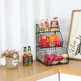 Yuzehuaza 3 Tier Fruit and Vegetable Basket Wall-Mounted & Countertop Organizer for Potato Onion Stackable Wire Baskets for Pantry Kitchen Cabinet for Produce Snack Canned Food Storage, Black