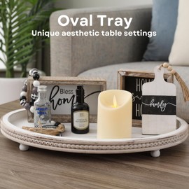 FESTWIND Wooden Oval Decorative Tray for Coffee Table, Kitchen, Dining, Entryway - Small Beaded Farmhouse Centerpiece for Holidays - Weathered White