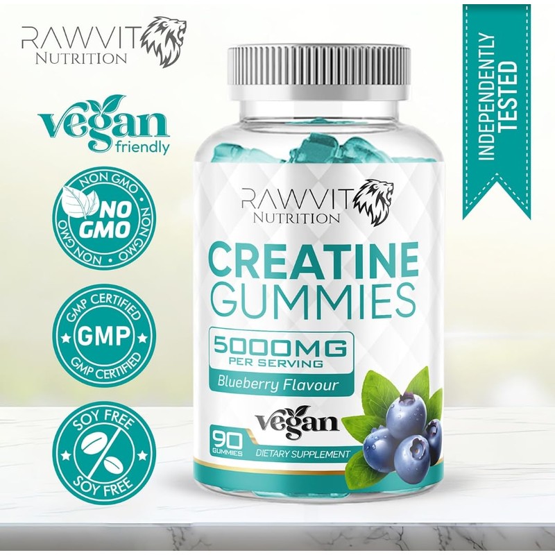 Creatine Monohydrate Gummies, Blueberry Flavour, 5000mg Strength, 90 Gummies, 30-45