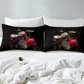 Homemissing Drum Kit Duvet Cover Single Rock Music Bedding Set for Kids Boys Teens Adults Musical Instrument Comforter Cover Rock Band Quilt Cover with 1 Pillowcase 3Pcs Bedding Black