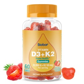 Biobor Natural Vitamin D3 K2 Gummies, 2000 IU Vitamin D3 & 100 mcg Vitamin K2,Supports Healthy Bone, Immune Health Supplement, GMO Free, Gluten Free, Strawberry Flavor, 60 Count