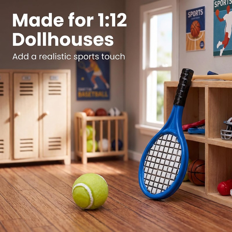Blue and Green Miniature Tennis Racket Set, 1/12 Scale Accessories,