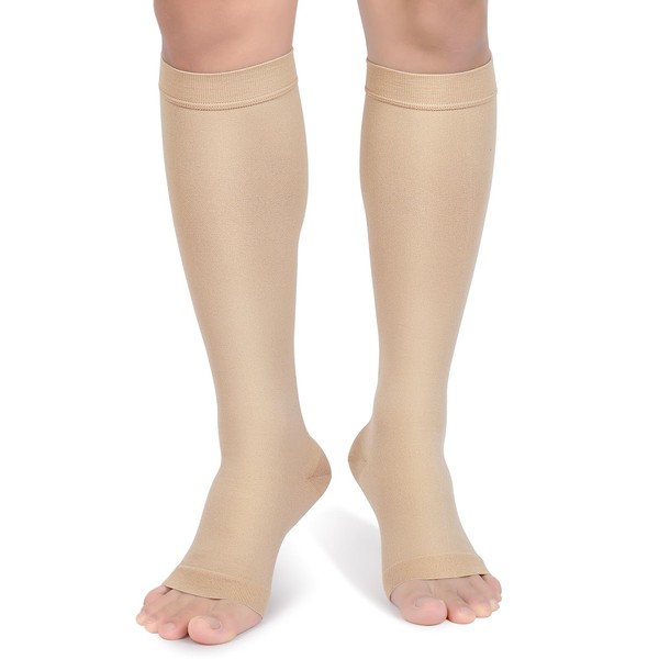 Compression Socks, 20-30 mmHg Graduated Knee-Hi Compression Stockings for Unisex, Open Toe, Opaque, Support Hose for DVT, Pregnancy, Varicose Veins, Relief Shin Splints, Edema, Beige X-Large