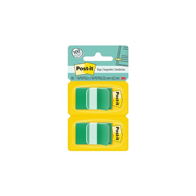 Post-it Flags, Green, 1-Inch Wide, 50/Dispenser, 2-Dispensers/Pack