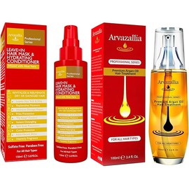 Arvazallia Premium Argan Oil Hair Treatment and Leave-in Mask & Hydrating Conditioner Spray Bundle - Professional Grade Hydration and Damage Repair for Dry or Damaged Hair