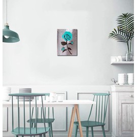 Rtriel Teal Rose Canvas Wall Art Turquoise Blue Flower Prints Contemporary Black and White Pictures for Bathroom Wall Decor 12 x 16 Inch