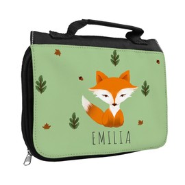 Toiletry Bag with Name and Beautiful Fox Motif | Toiletry Bag with First Name | Wash Bag for Children, black, Emilia