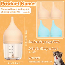 Acellegic 2 Pcs Kitten Bottles for Nursing, 20 ml Kitten Bottle Feeding Kit with 4 Pcs Replaceable Silicone Nipples Puppy Milk Replacer, Anti-Choking Feeder Design, Blue and Yellow for Newborn Pets