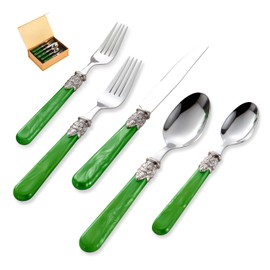 CATHYLIN 20 pieces 18/10 Stainless Steel Silverware Sets With Deep Green Handle,Vintage Cutlery Sets,Sliverware set Service for 4,Dishware Safe (20, Deep Green)