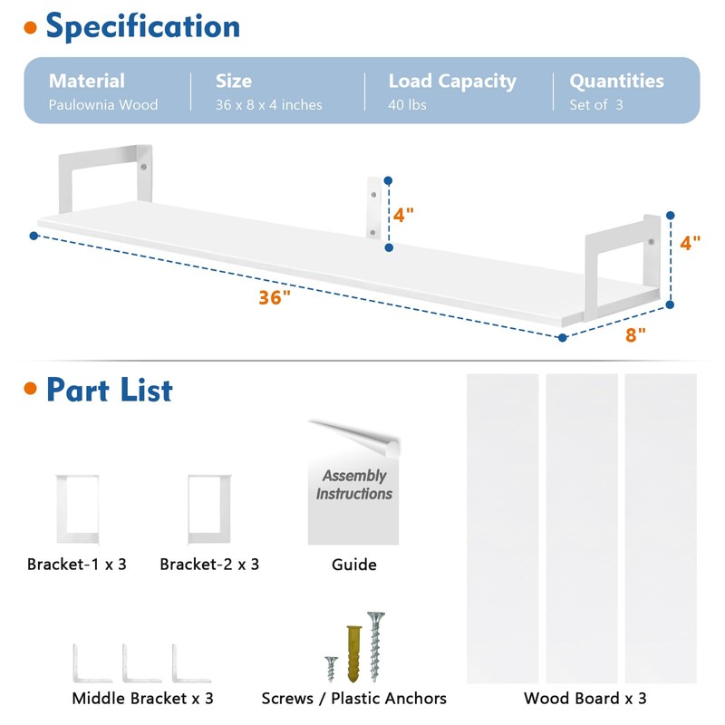 Harwaya White Floating Book Shelves for Wall, 36 Inch Wall