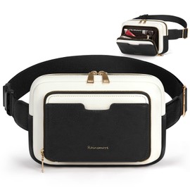 RAINSMORE Fanny Packs for Women, Leather Belt Bag Waterproof Everywhere Crossbody Waist Pack with Adjustable Strap Retro Sling Chest Bag for Work Running Travel Party, Black with White
