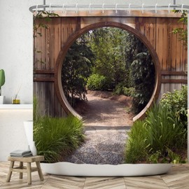 SDOTPMT 72x72inch Nature Garden Scenery Shower Curtain Round Wooden Door Farmhouse Vintage Bath Curtain Green Botany Leaves Bathtub Curtain for Bathroom Decor Fabric Polyester with Hooks
