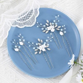 Handcess Bridal Wedding Hair Pins Silver Flowers Hairpieces Rhinestone Crystal Hair Clips Bridal Hair Accessories for Women and Girls (Pack of 5)