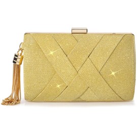 KharmLaddy Evening Purses for Women Small Fringe Clutch Trendy Crossbody Bag Shoulder Handbags for Cocktail Wedding Party Bling Gold