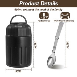 MIUUIPI Thermal Food Container, 600 ml Stainless Steel Warming Container, Food Container for Food, Thermos Flask, Food Leak-Proof, Mueslicup with Spoon for Yogurt, Porridge