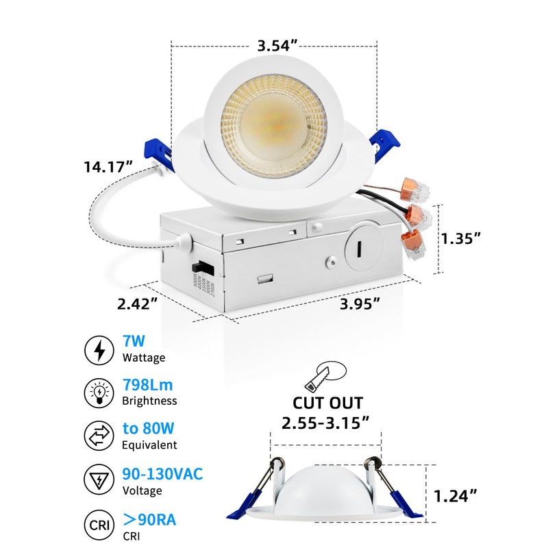 Adetu 3 Inch 5CCT Gimbal Led Recessed Lighting with Junction