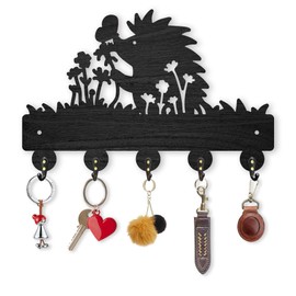 INFUNLY Entryway Key Hooks Wooden Key Hanger with Hedgehog and Butterfly Pattern Decorative Wall Shelf with 5 Hooks Wall Mounted Key Holder for Bags, Umbrella, Sunglasses, Wallet Easy Installation