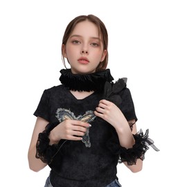 JAZTAKU Black Lace Renaissance Collar Cuffs Set Elizabethan Neck Ruffled Cosplay