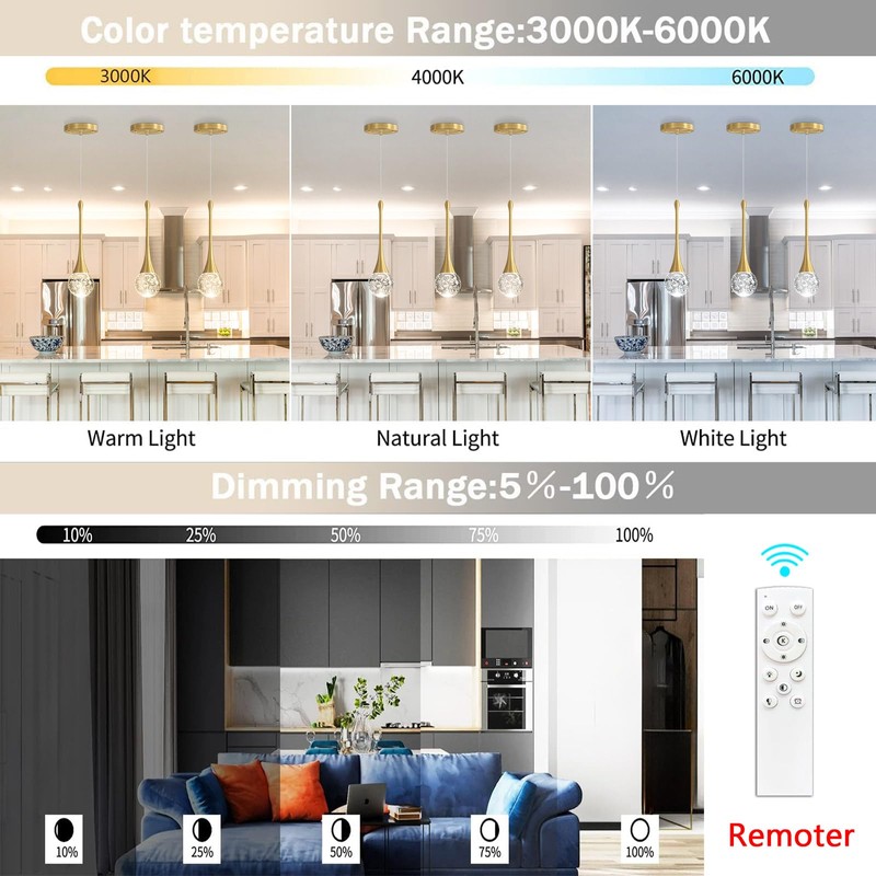 cenzoz Modern Pendant Lights for Kitchen Island LED Dimmable Crystal