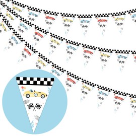 kreat4joy Vintage Race Car Birthday Decorations, 3 Pack Racing Car Birthday Pennant Banner Checkered Flag Retro Pastel Race Car Birthday Bunting Banner for Boys Girls Racing Car Theme Birthday Party