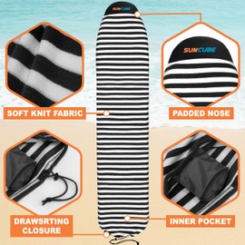 SUN CUBE Surfboard Sock Cover, Protective Surf Bag for Surfing Board, Light Stretchy Surfbag Sleeve for Funboard, Hybrid (8'6'', Black White)