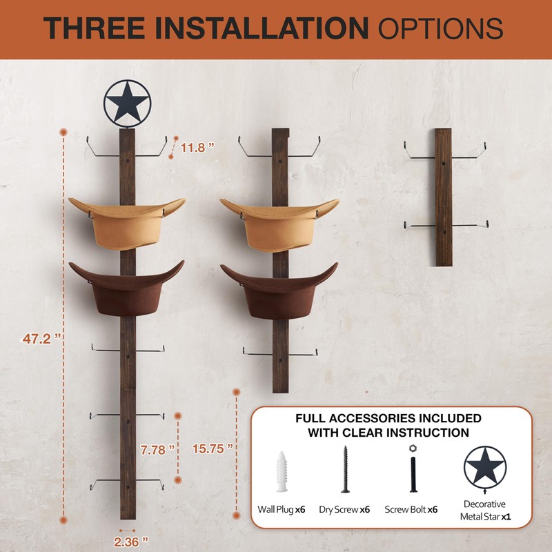 P-ALADIN Cowboy Hat Holder, Cowboy Hat Rack for Wall, 6-Piece