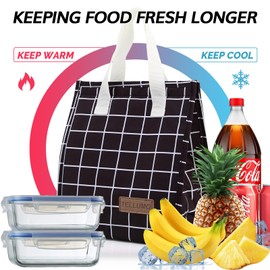 TELLUMO Lunch bag, Insulated Lunch Bag for Women Men Large Lunch Box Container Reusable Leakproof Tote for Office, Work, School, Beach or Travel (Black Grid)
