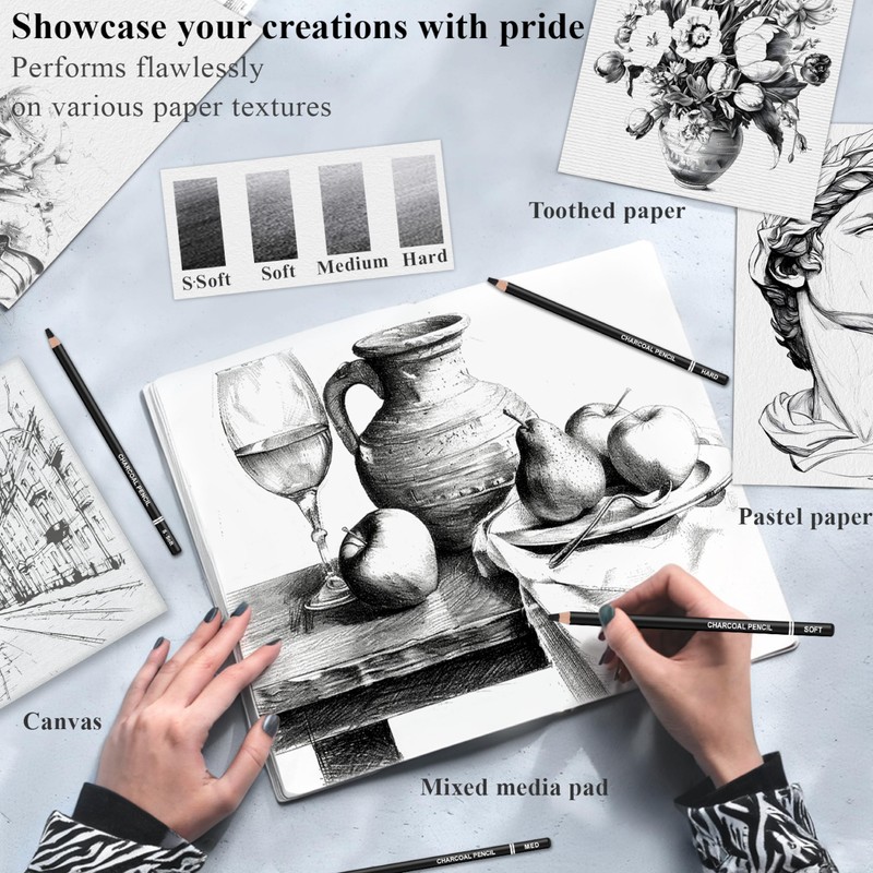 Aenir Charcoal Pencils for drawing, Set of 12, Charcoal Drawing