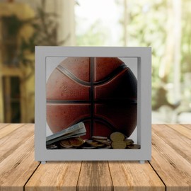 Basketball Frame Wooden Money Box Sporty Money Fun Throw the Ball Into the Game Bounce to Basket Orange Basketball Piggy Bank