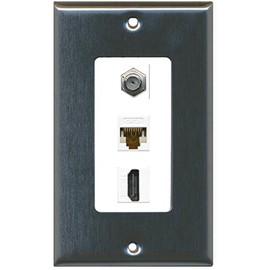 RiteAV Decorative 1 Gang Wall Plate (Stainless Steel/White) 3 Port - Coax (White) Cat6 (White) HDMI (White)