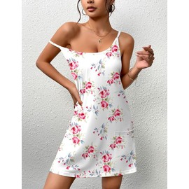 Ekouaer Nightgowns for Women Cotton Sleepwear Adjustable Spaghetti Strap Sleepshirt Racerback Sleep Dress with Pockets Rose Flower XL