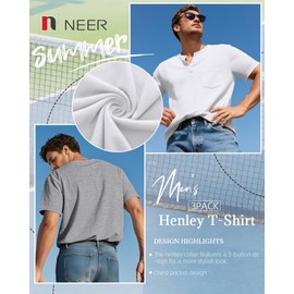 Neer 3 Pack Men's Big and Tall Henley T-Shirts, Short Sleeve Cotton Pocket Oversized Tops Casual Summer Soft Loose Basic Tees(Black, White, Light Gray,3X-Large)