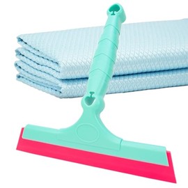 2 Pack Microfiber Glass Cleaning Cloth & 1 Silicone Squeegee, Lint-Free, 11.8'' and 7.99'', Blue | High Absorbency for Windows, Mirrors, Stainless Steel