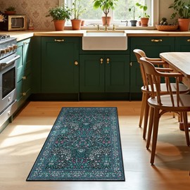 GarveeHome Floral Washable 2x3 Rug Green Non Slip Boho Bathroom Rug, Soft Small Area Rug Indoor Door Mat Botanical Throw Rugs for Entryway Bedroom, Dark Blue