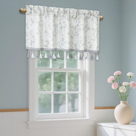 Loom and Mill Luxury Valances for Windows, Elegant Damask Thick Window Treatment Curtains Valance with Handmade Tassels for Living Room, Bedroom Party Banquet Decorations (54" x 18", Silver&White)