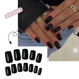 Black False Nails - Short Press On Nails Square - Light Weight & Fit Perfectly Stick on Nails - Full Cover Fake Nails with Glue - Solid Color Black Nails for Nail Art Decoration
